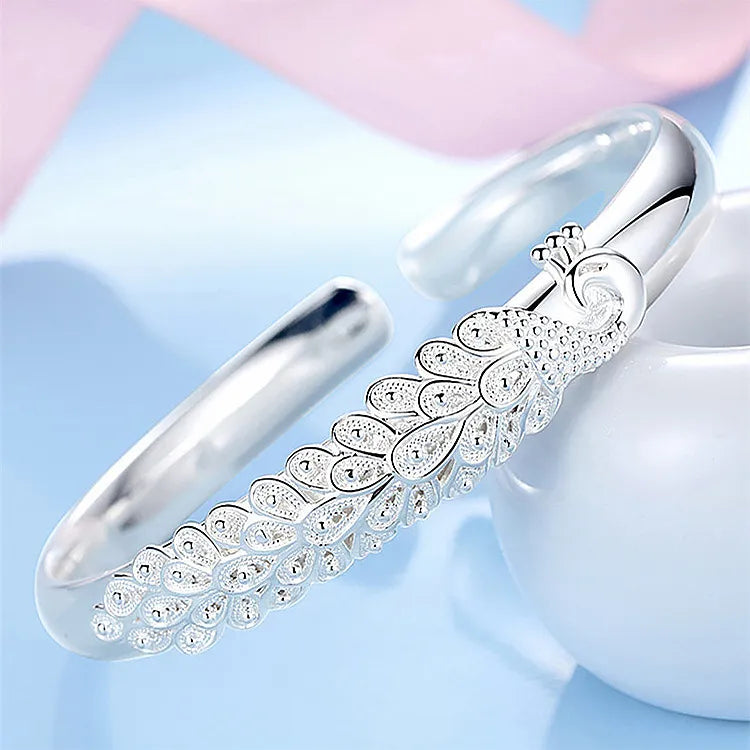 925 Sterling Silver Elegant Peacock Opening Screen Bracelet - Almkh